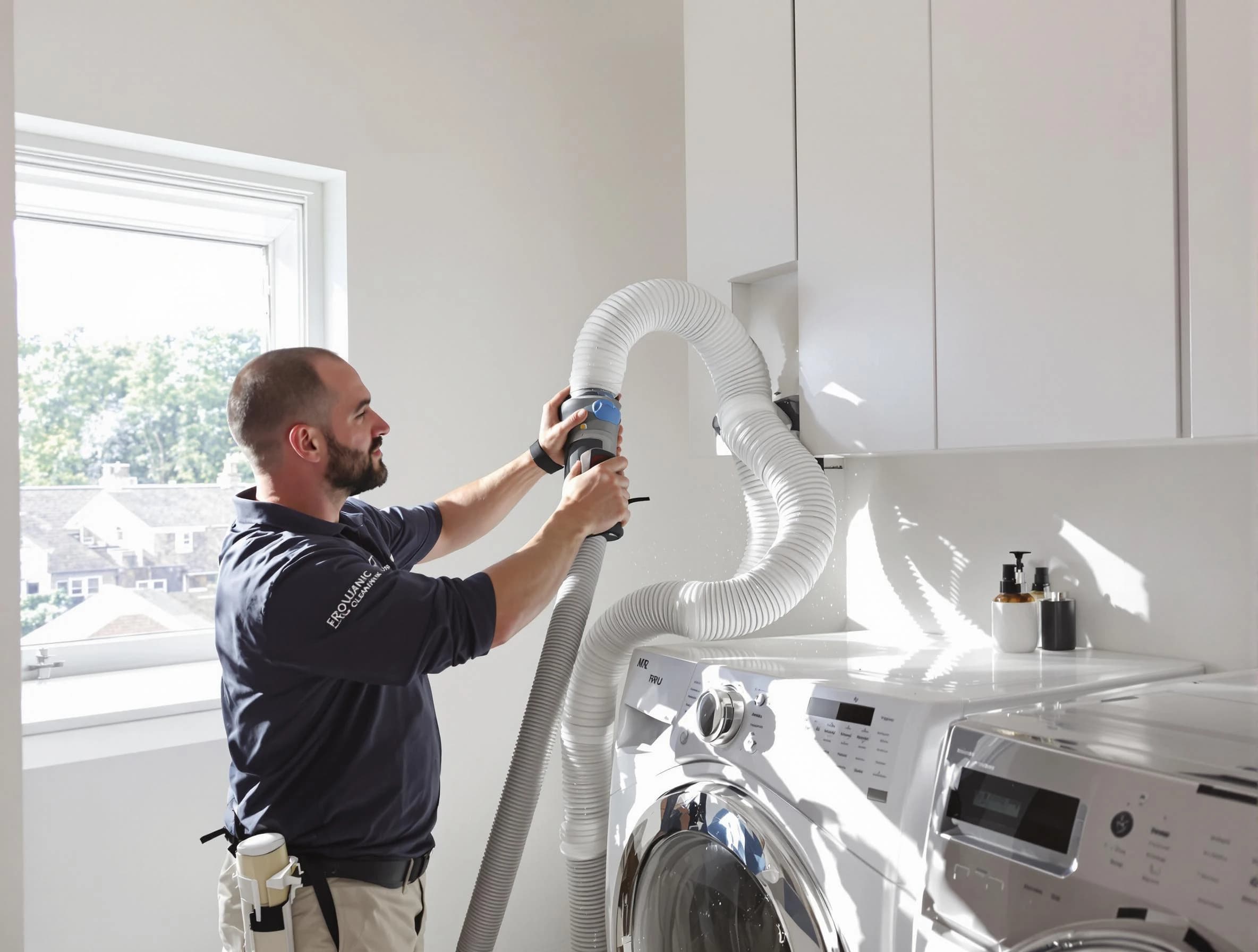 Certified Dedham Dryer Vent Cleaning technician performing dryer vent cleaning in Dedham