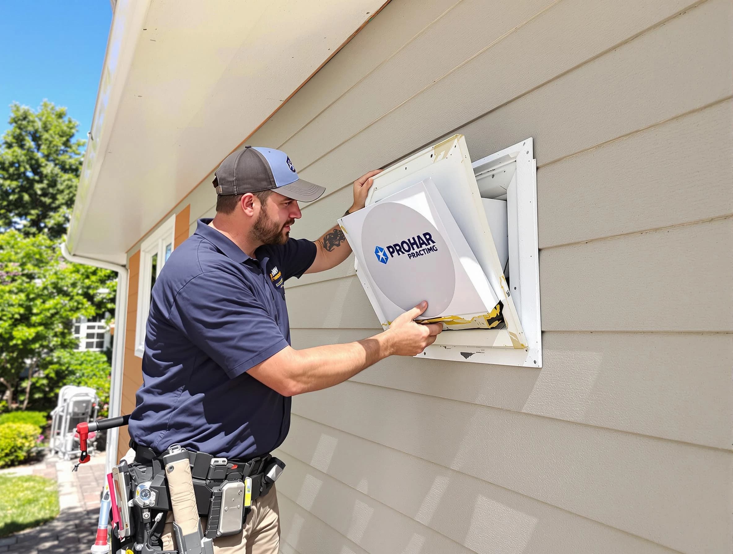 Dedham Dryer Vent Cleaning technician installing a new protective dryer vent cover on a home in Dedham