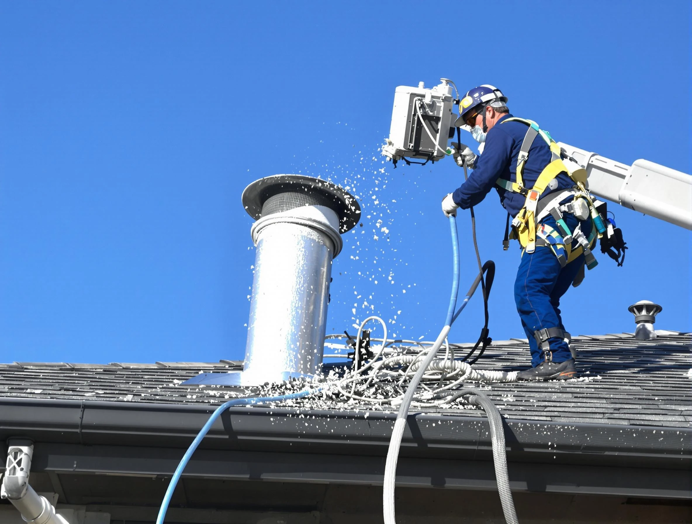 Dedham Dryer Vent Cleaning certified technician safely cleaning a roof-mounted dryer vent in Dedham