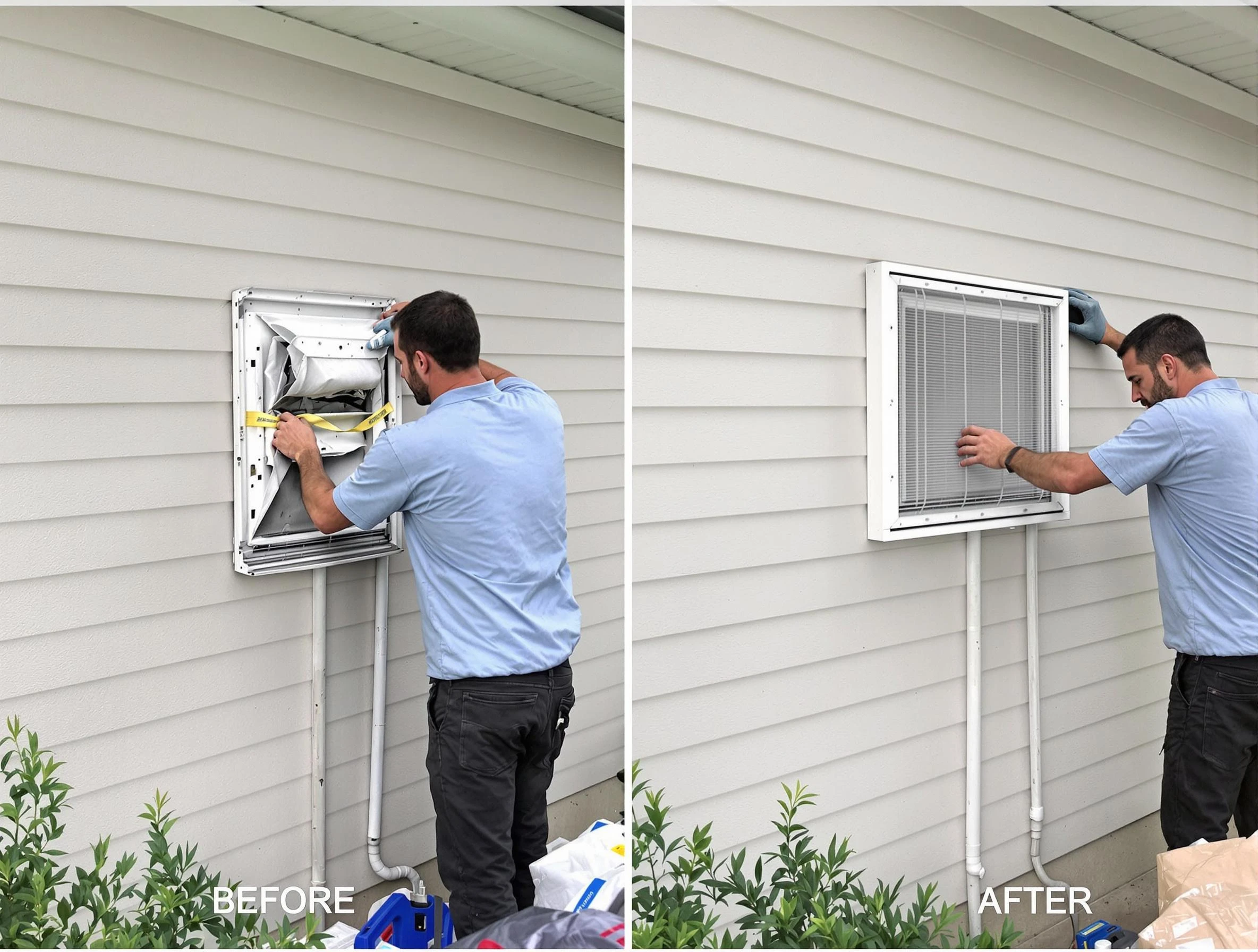 Dedham Dryer Vent Cleaning technician installing high-quality dryer vent cover at a residential property in Dedham