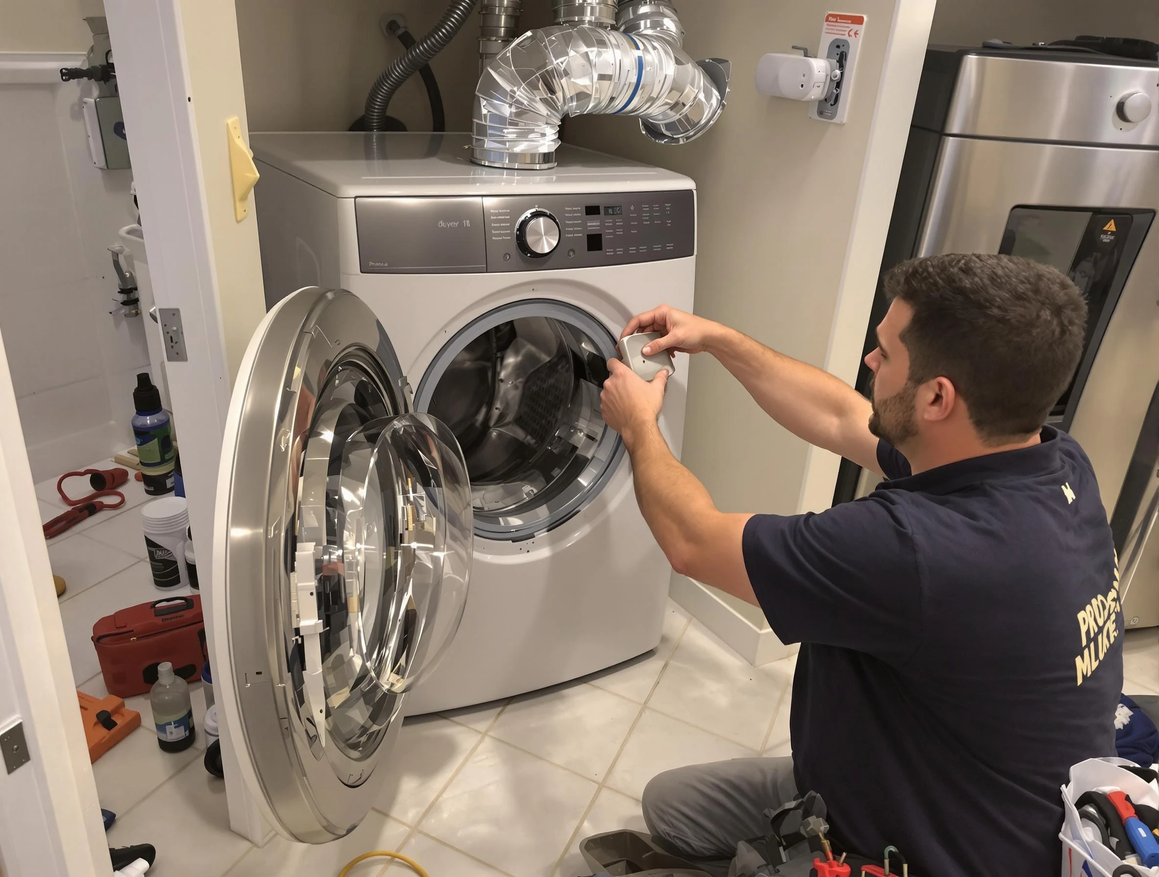 Dedham Dryer Vent Cleaning technician performing precise dryer vent hose installation in Dedham